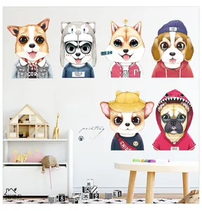 Detailed view of six cute cartoon dog wall stickers in a clean home interior setting