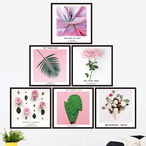 Set of 6 minimalist Nordic pink botanical wall art prints with black frames for bedroom décor