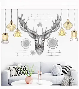 Detail of modern stag wall sticker set with elk head, lamps, and rustic wood motifs