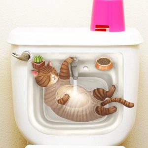 Waterproof self-adhesive toilet sticker featuring a cute orange sleeping cat cartoon illustration