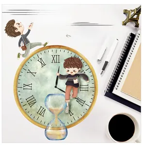 Detail view of time management wall sticker with clock, hourglass and running figures