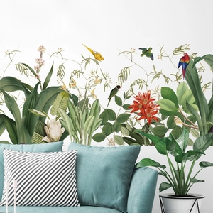 Vintage tropical plant wall stickers with colorful birds and lush green leaves for home decor
