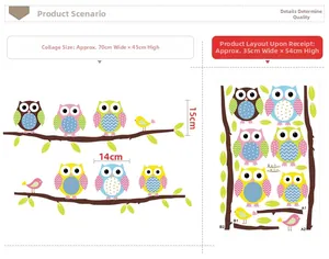 Cartoon owl wall sticker layout and application dimensions for kids room decoration