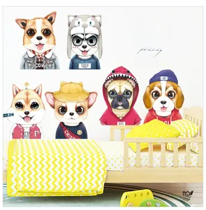 Cartoon dogs wall stickers featuring Corgi and Husky in a cozy bedroom scene
