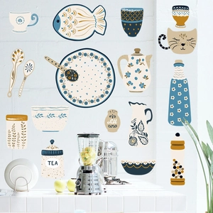Kitchen wall stickers featuring hand-drawn blue and yellow utensils on white brick wall