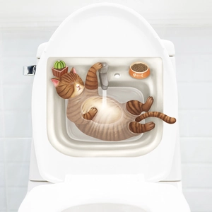 3D sleeping tabby cat wall sticker for toilet lid decor with realistic cactus detail