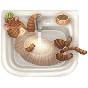 Waterproof self-adhesive wall sticker featuring a cute cat bathing in a white sink