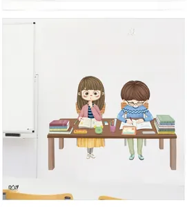 Detailed close-up of cartoon student wall stickers in a classroom setting