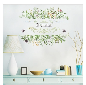 Detail of green leaf plant wall sticker with Meditation text for home decoration