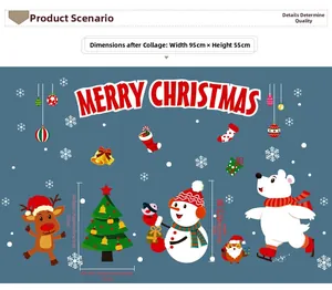 Detailed view of Christmas window stickers with reindeer, snowman and tree motifs