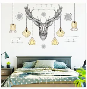 Detail of Nordic elk and hanging lamp wall stickers applied in a modern bedroom interior