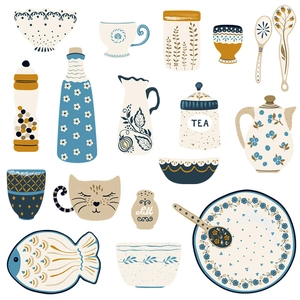 Cute folk-style kitchenware stickers set with ceramic teapot and tea canisters