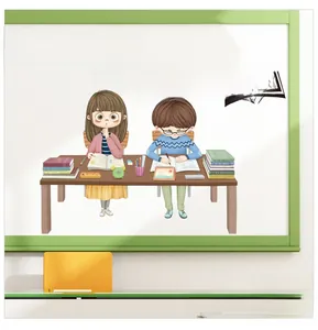 Detail of cartoon classroom wall sticker featuring students studying with slogan