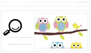 Detail showing colorful cartoon owls and birds on branches for kids room wall decor stickers