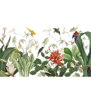 Tropical wall sticker with green leaves, colorful parrots, and flowers on white background