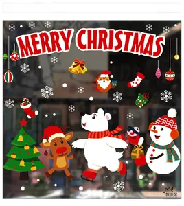 Detailed close-up of cartoon Christmas static window stickers with snowman and reindeer