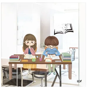 Classroom wall sticker with cartoon students and motivational Chinese study slogans