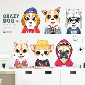 Waterproof cartoon dog wall stickers set featuring stylish pets in hoodies for kids room decor
