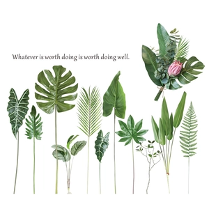Tropical monstera and palm leaf wall stickers with artistic floral bouquet on white backdrop
