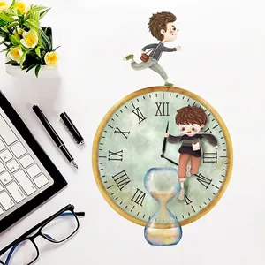 Cartoon time management wall sticker featuring running boys, a clock, and hourglass design