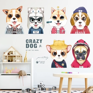 Set of six cartoon pet dog wall stickers in cute outfits for home decor and kids' rooms