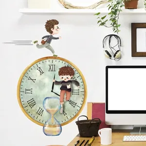 Motivational wall sticker with roman numeral clock hourglass and cartoon boy illustration