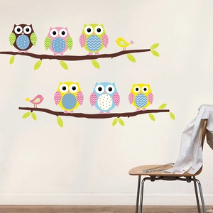 Cute cartoon owl wall stickers set with tree branches for kids bedroom nursery decoration