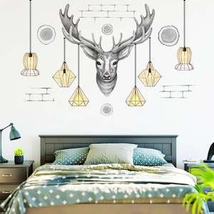 Nordic wall decals featuring elk and industrial lamps for modern living room decor