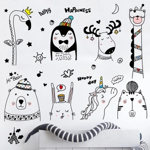 Minimalist animal wall stickers for nursery featuring flamingos, bears and giraffes