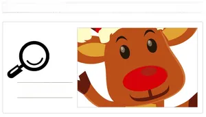 Close-up detail of cartoon reindeer sticker with red nose and Christmas hat for window decor
