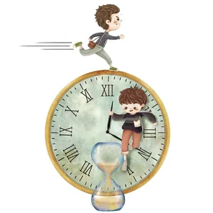 Cartoon wall decal with vintage clock and hourglass for time management inspiration