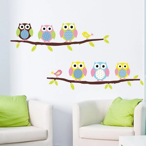 Removable cartoon owl wall stickers for nursery decor featuring colorful birds on branches