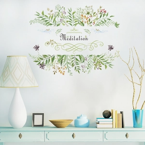Self-adhesive green leaf wall sticker with Meditation text for minimalist home wall decor