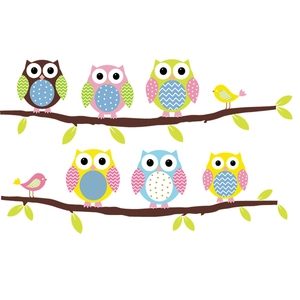 Cute cartoon owls and birds on tree branches wall stickers for kids nursery decor