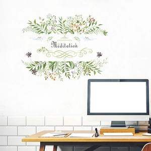 Green leaf wall stickers featuring Meditation text for living room wall decor