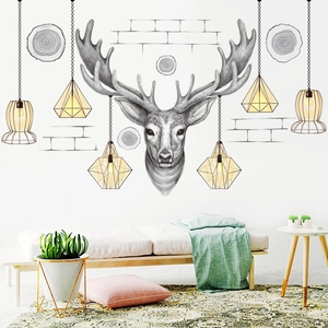 Modern Nordic wall stickers featuring sketch elk deer head and geometric hanging lamp patterns
