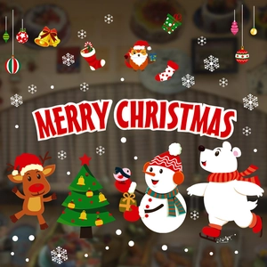Merry Christmas PVC Wall Stickers Cartoon Reindeer Snowman Tree Window Clings Festive Shop Glass Door Decoration Decals