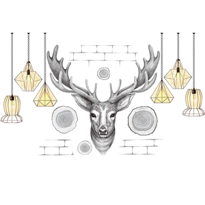 Modern Nordic wall sticker set with elk head and industrial pendant lights for decor