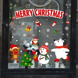 Merry Christmas glass window stickers with cartoon polar bear, snowman and reindeer decor