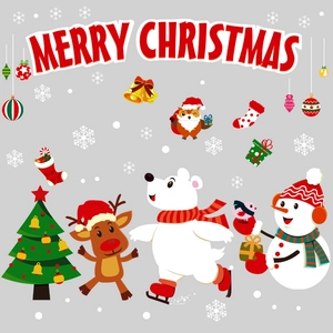 Christmas wall stickers featuring Santa, reindeer, and festive decorations on grey background