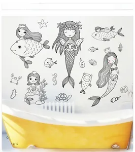 Detail view of monochrome mermaid wall decals applied on a clean bathroom wall