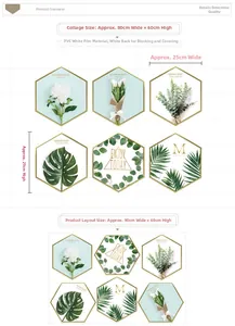 Set of 6 hexagonal botanical PVC wall stickers with realistic plant patterns and text
