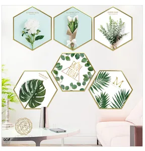 Set of 6 hexagonal wall art pieces featuring Nordic floral and botanical plant designs