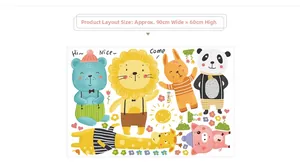 Macro view of cartoon animal wall stickers including lion and panda, 90x60cm layout size