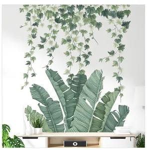 Detail of watercolor banana leaves and ivy vine wall stickers for living room decor