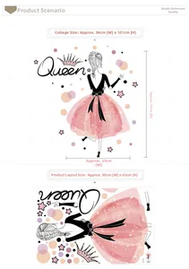 Pink Queen ballet girl wall sticker showing layout and finished 94x101cm size