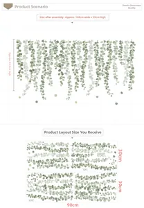 Detailed product layout of green eucalyptus leaf wall stickers showing 100x55cm dimensions