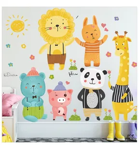 Detailed view of colorful cartoon animal wall stickers including a lion and giraffe in a nursery