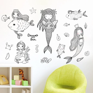 Cartoon mermaid wall stickers for kids room with sea creatures and Dreams about Sea text