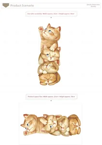 Detailed size chart and layout of cute cat wall stickers for children room decoration